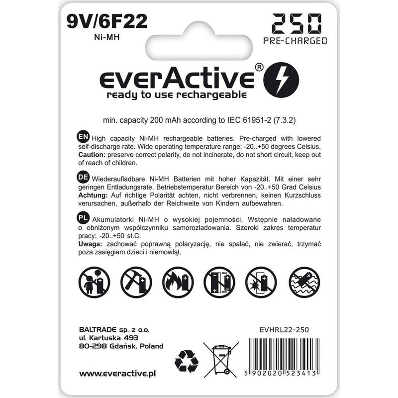 Batterie Ricaricabili EverActive EVHRL22-250 6F22 200 mAh 9 V-1