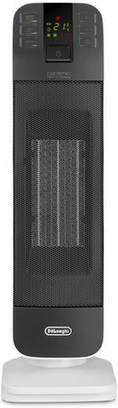De'Longhi HFX65V20 Termoventilatore a Torre, Tecnologia Ceramica, Silenzioso, 2 Livelli di Potenza, TIMER 24H, Funzione Eco-Energy, Luce, Anti-ribaltamento, Leggero, Bianco/Grigio DeLonghi