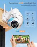 Telecamera 2K  Wi-Fi Esterno Senza Fili Con Pannello Solare, 360° PTZ Videocamera Sorveglianza A Batteria, Visione Notturna A Colori, Rilevamento Umano/PIR con Allarme, 2 Vie Audio, 2.4GHz,IP66 YESKANO