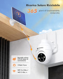 Telecamera 2K  Wi-Fi Esterno Senza Fili Con Pannello Solare, 360° PTZ Videocamera Sorveglianza A Batteria, Visione Notturna A Colori, Rilevamento Umano/PIR con Allarme, 2 Vie Audio, 2.4GHz,IP66 YESKANO