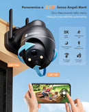 YESKANO Telecamera WiFi Esterno Solare 2K 3MP Senza Fili, Batteria 5200mAh con Pannello Solare, 360° PTZ, Rilevamento PIR Movimento con Allarme, Visione Notturna a Colori, Audio Bidirezionale, IP66 YESKANO