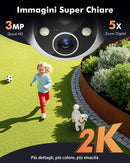 YESKANO 2K Telecamera Wi-Fi Esterno Senza Fili Con Pannello Solare, 360° PTZ Videocamera Sorveglianza A Batteria, Visione Notturna A Colori, Rilevamento Umano/PIR con Allarme, 2 Vie Audio, 2.4GHz,IP66