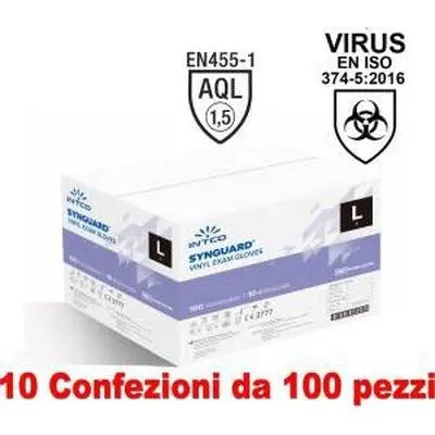 10Conf. da 100pz Taglia L - Guanti Vinyl Uso Medico Senza Polvere
