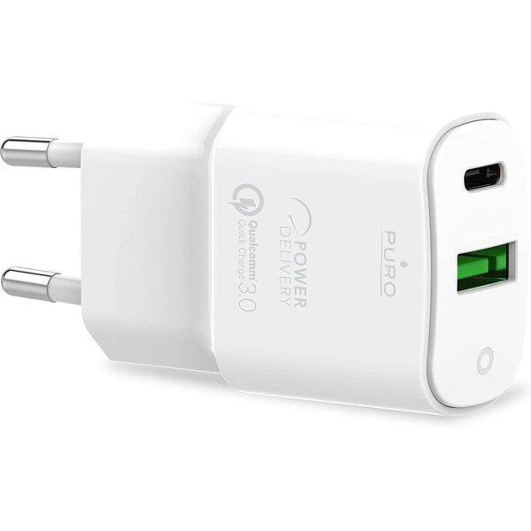 PURO Caricabatterie Da Parete Con Porta USB-A E USB-C – 20W; ricarica rapida smartphone e tablet, fast charge - bigeshop