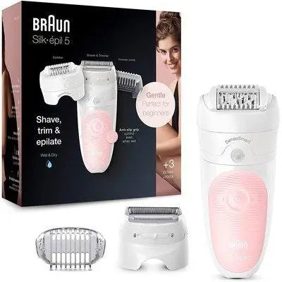 Braun Silk-épil 5, Depilatore Donna Epilatore con Rifinitore,3 Accessori Viso Inclusi, Uso a Secco o Sotto Acqua, Idea Regalo, 5-620 Bianco e Rosa