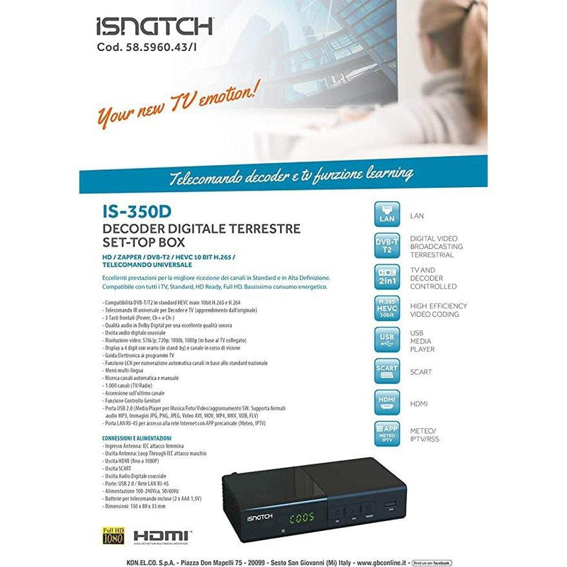 Decoder DVB-T2 Isnatch is-350d Decoder Digitale Terrestre DVB-T/T2 con Telecomando Universale, nero - bigeshop